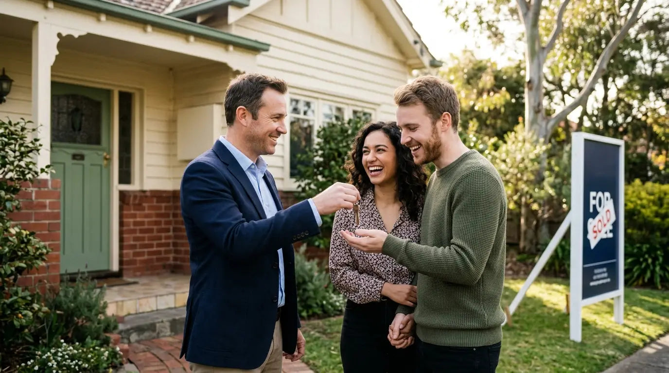 Real estate agent handing house keys to a happy couple after settlement, a referral moment