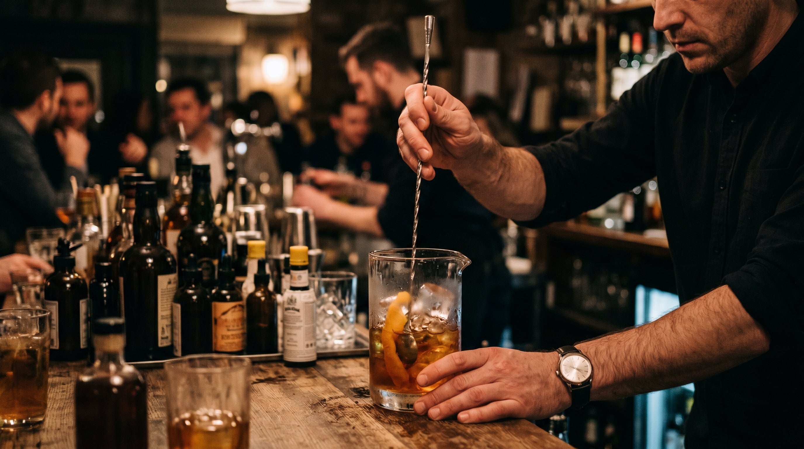 Bartender stirring a spirit-forward cocktail in a craft cocktail bar to control ice dilution