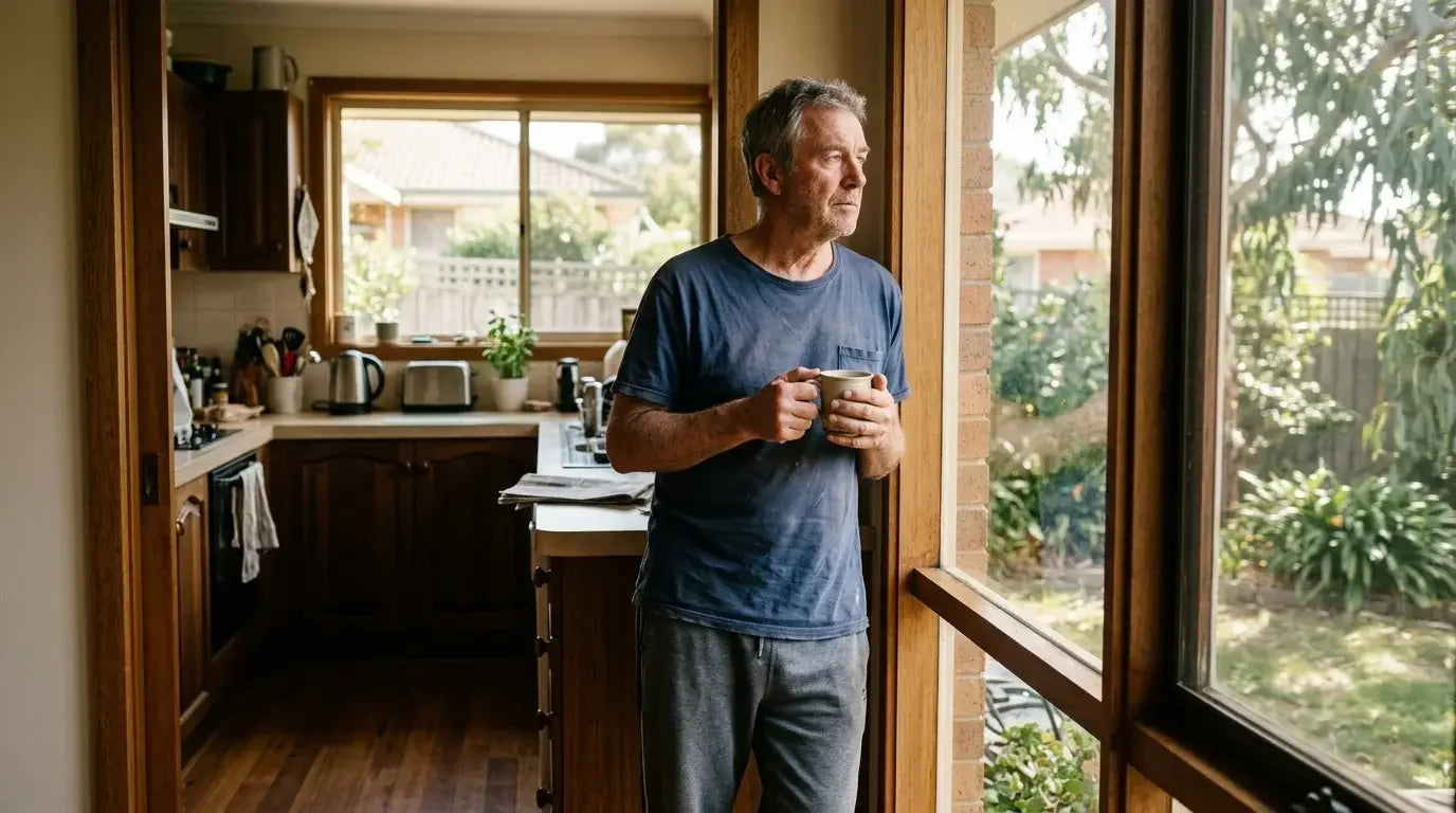 Retirement gift ideas Australia - man in his sixties with a mug of tea at home on his first weekday of retirement