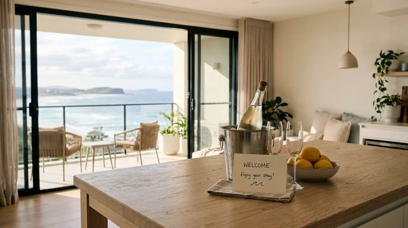 Airbnb welcome gift ideas Australia - welcome drink set up in a coastal holiday apartment