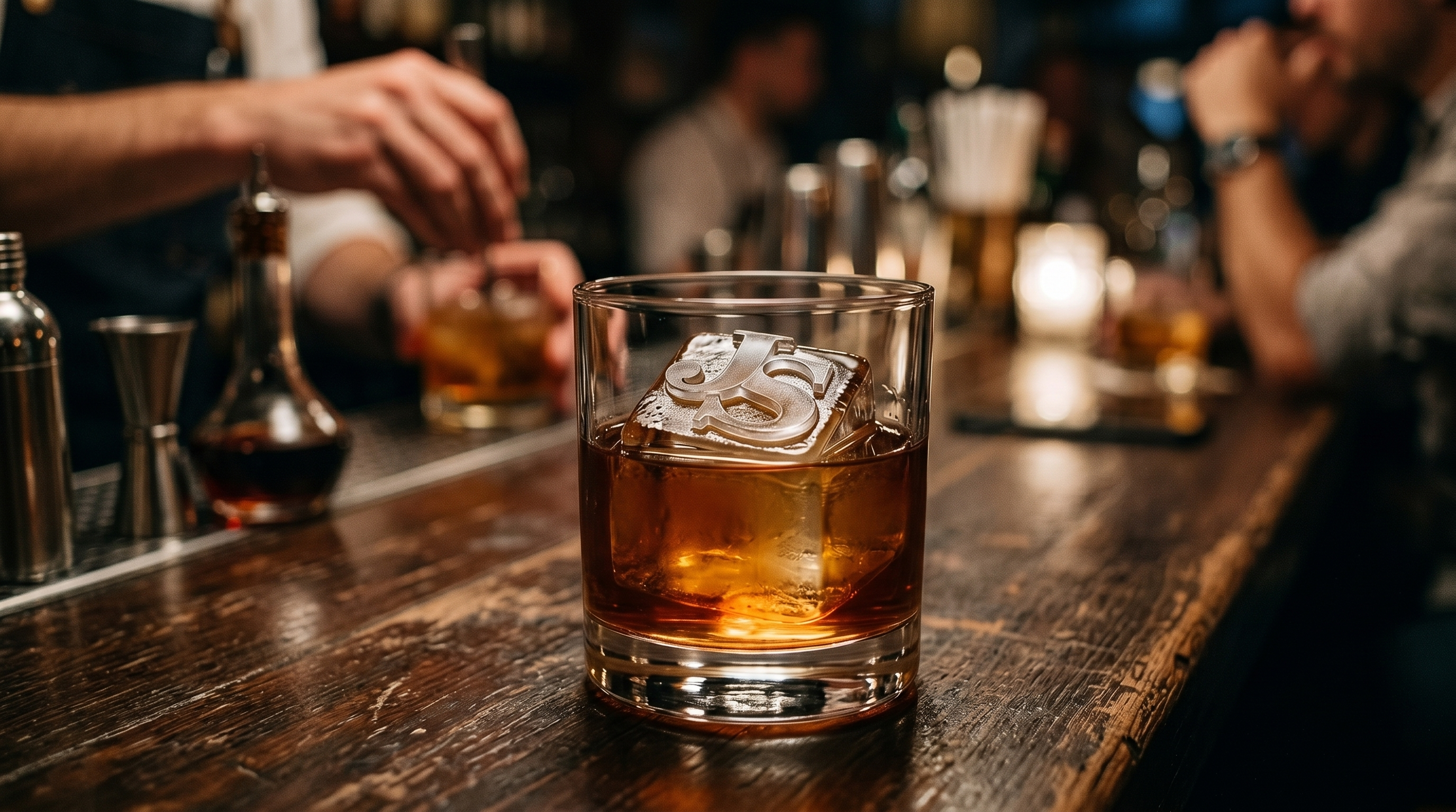 Signature cocktail menu drink with a branded ice cube in a craft bar