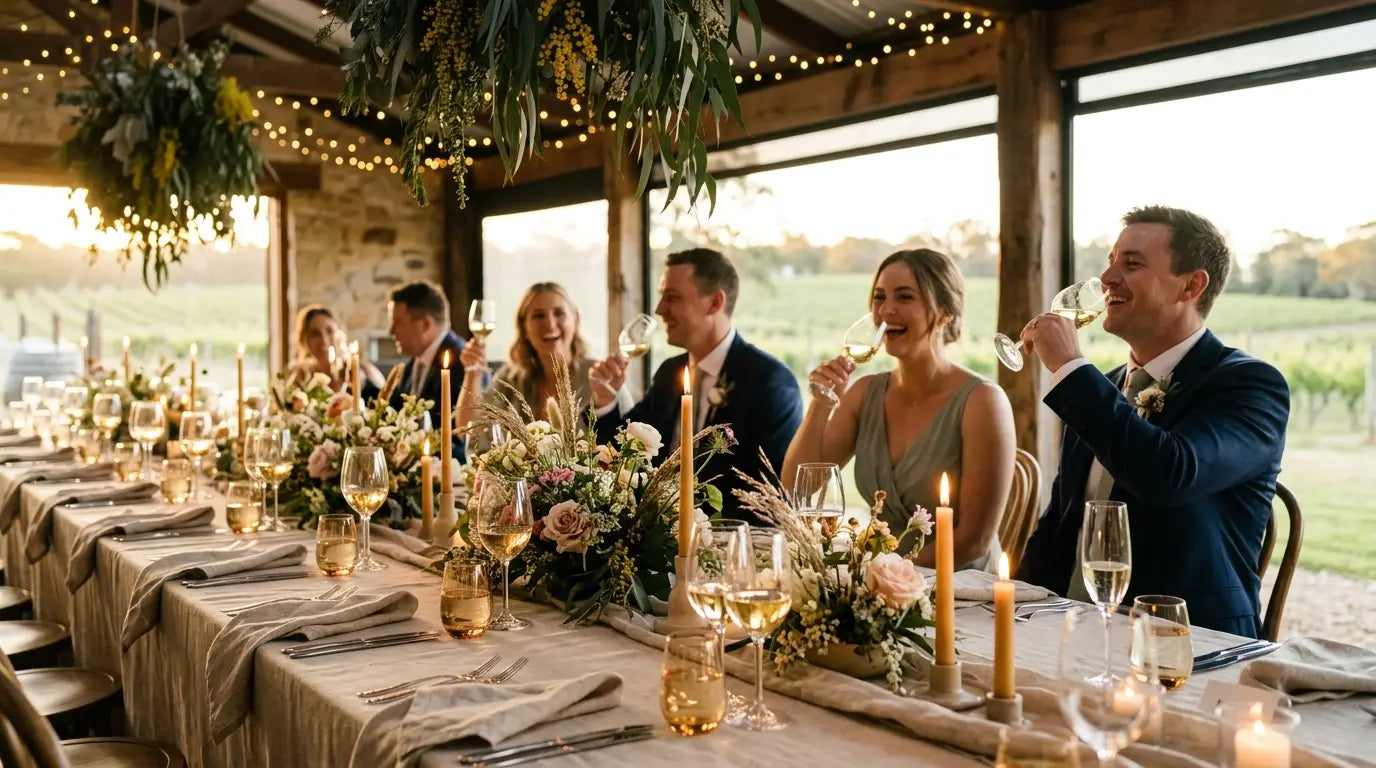 Elegant Australian wedding reception table styled with candles and florals at golden hour