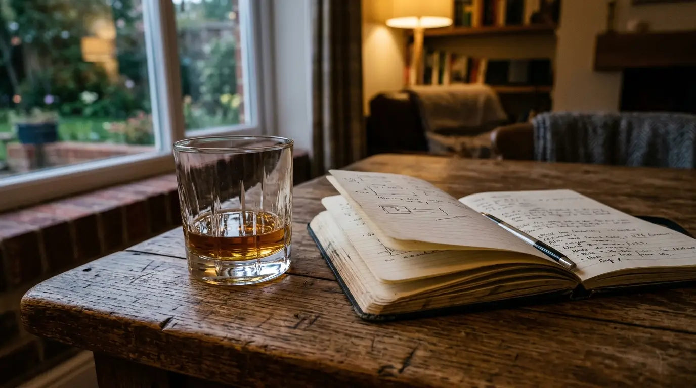 Glass of amber whiskey for beginners on a timber table in warm evening light