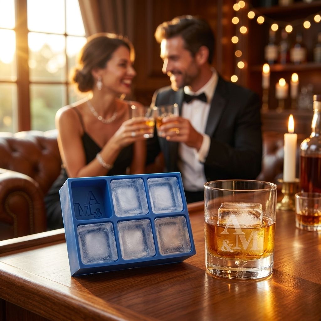 Personalized A&M monogram whiskey ice cube tray in blue on a bar as a couple toasts cocktails chilled with custom A&M initial ice cubes
