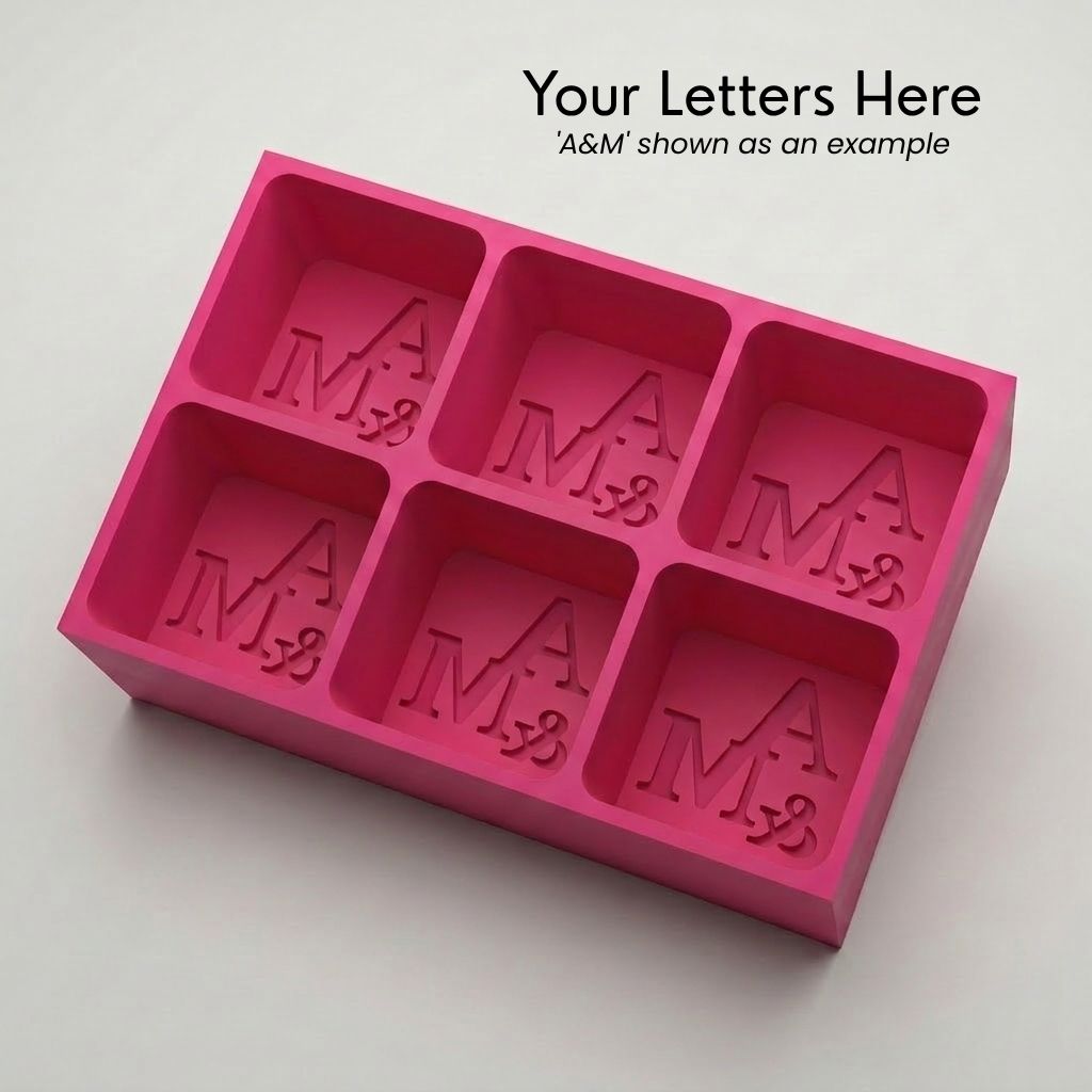 Personalized A&M monogram silicone ice cube tray in pink that makes six custom initial cubes