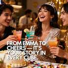 Friends celebrating a 21st birthday with colourful cocktails and a cake, featuring personalised ice cubes spelling words like EMMA and CHEERS — custom party ice tray gift.