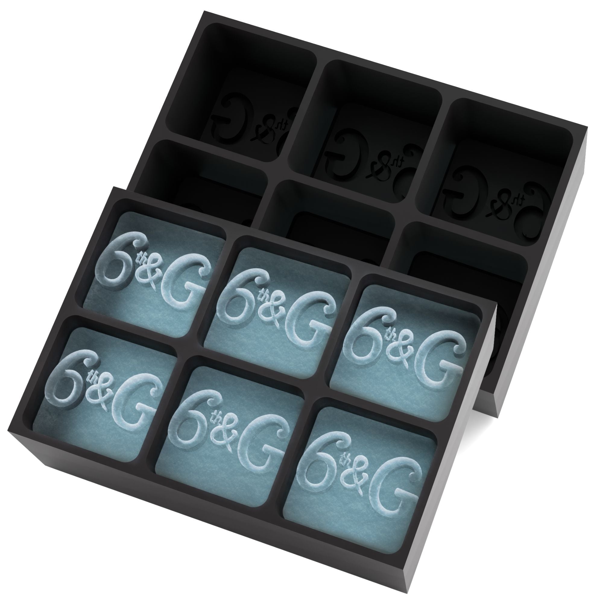 Black 6-cube tray with 6th & G branding raised into clear square ice cubes — personalised logo mould for cocktails and hospitality.