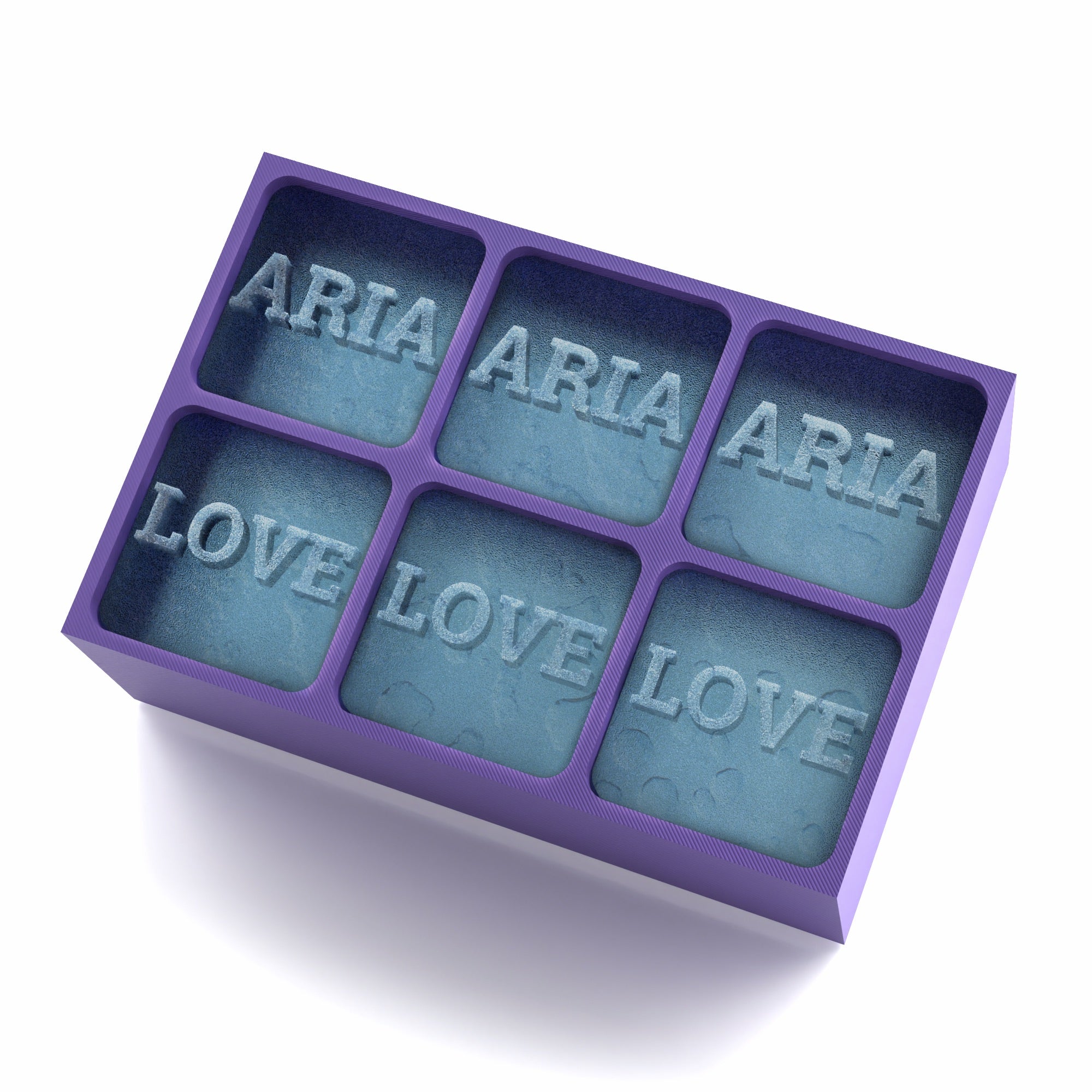 Purple custom silicone tray making standout ice cubes that read ARIA and LOVE – ideal for gifting.