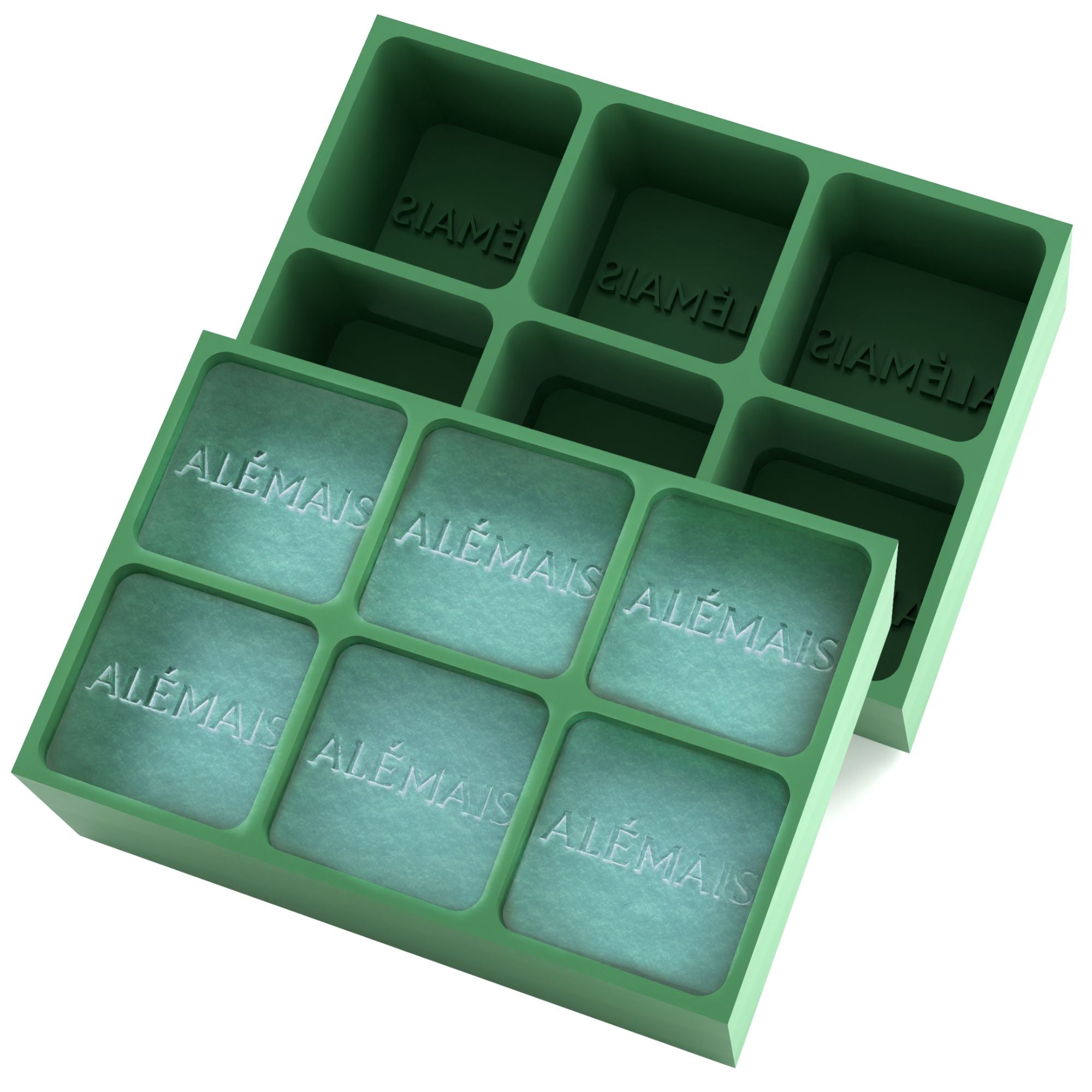 Green 6-cube tray with ALEMAIS brand name frozen into clear square ice cubes — handmade Australian promotional ice mould.