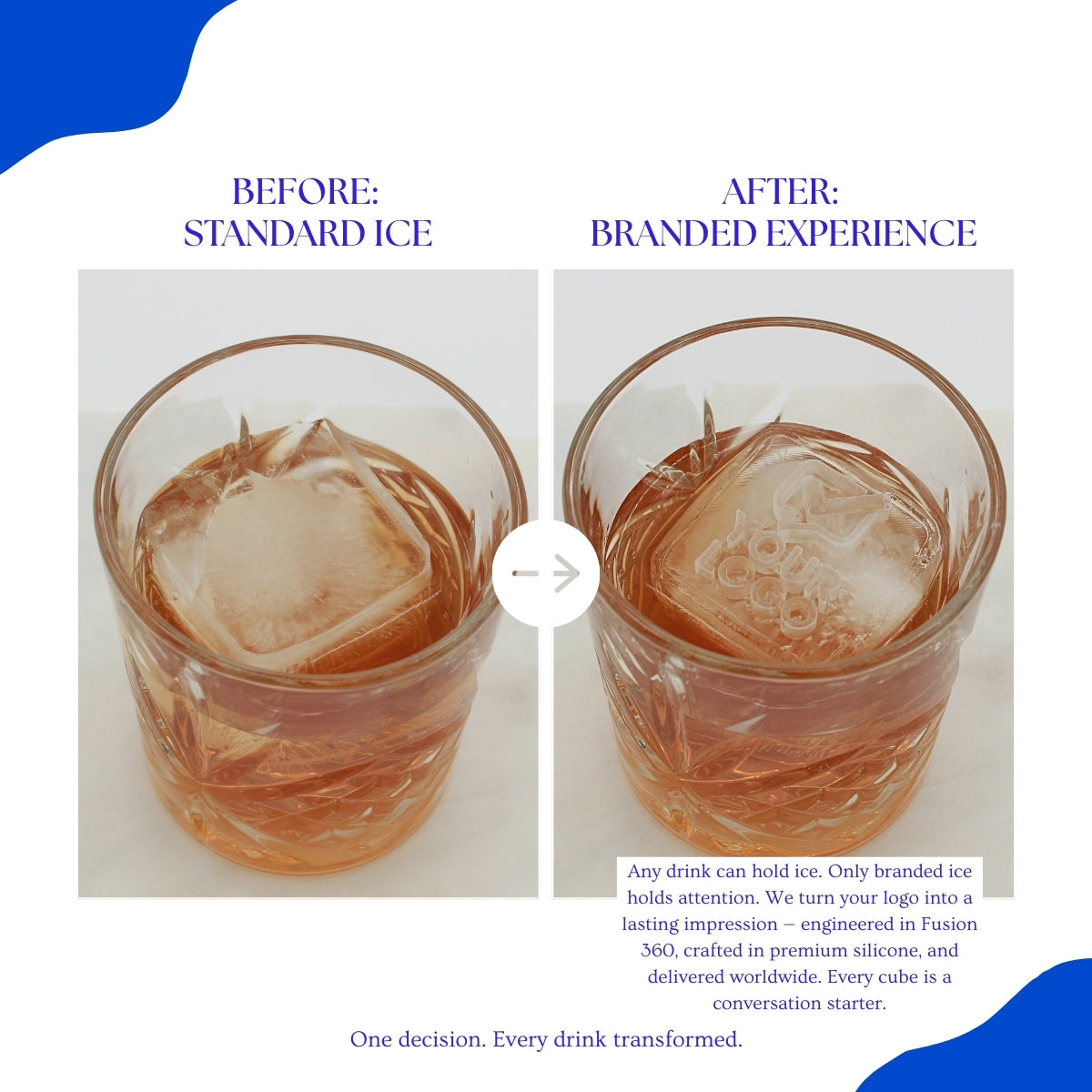 A side-by-side comparison showing a whisky glass with plain ice versus a glass with a branded cube featuring a custom logo. The branded ice tray from Chilled Out Creations transforms an ordinary drink into a premium, memorable experience for bars, events, and corporate gifting.
