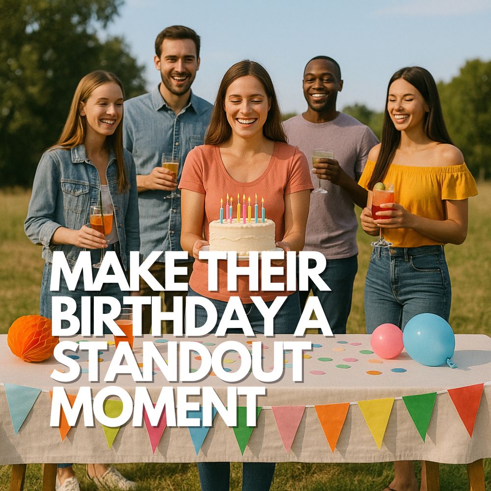 Group of friends in their 20s celebrating a birthday outdoors with drinks and a cake, standing behind a decorated table with colourful flags and balloons – perfect lifestyle scene for personalised gift marketi
