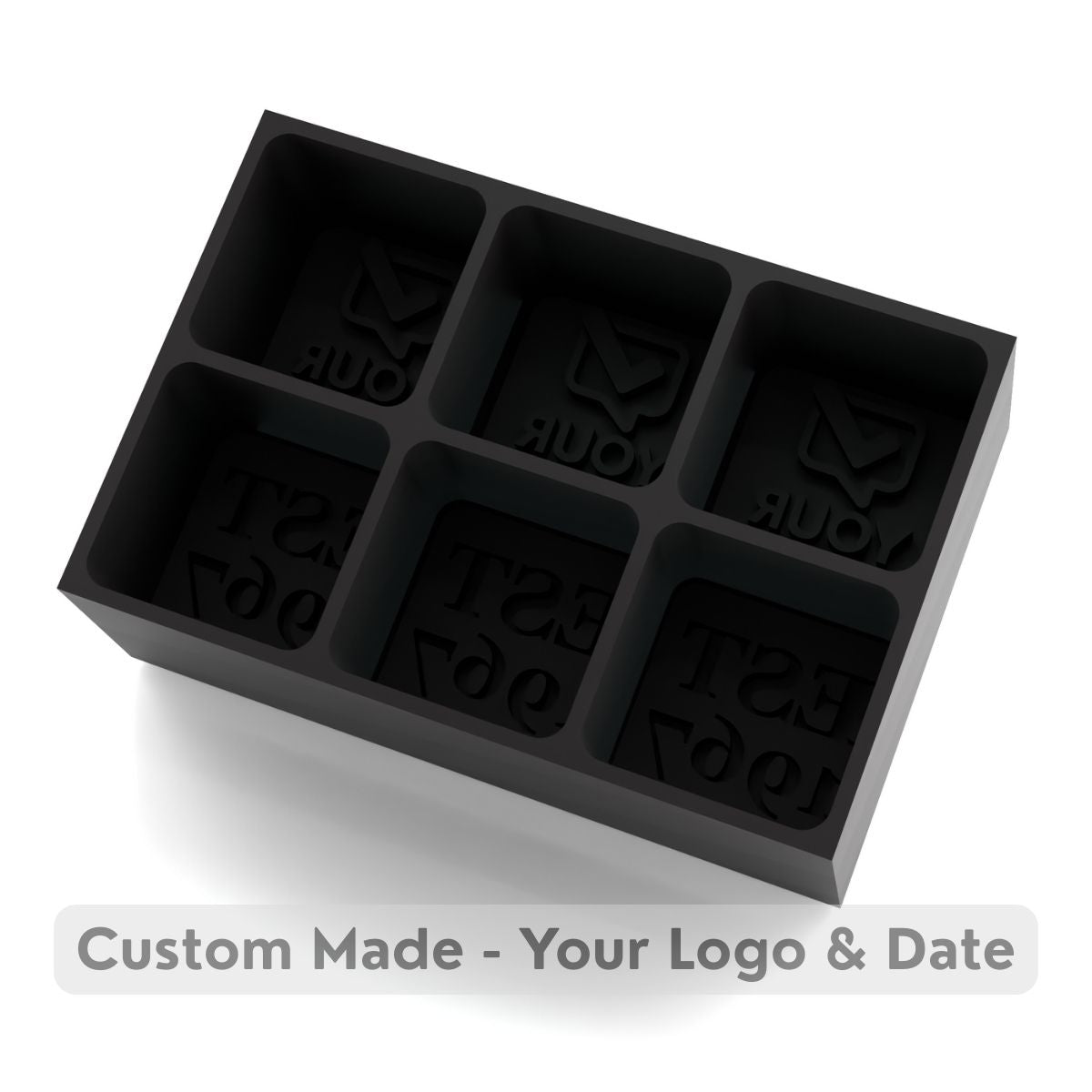 Black silicone ice tray with YOUR LOGO and EST date custom text compartments for branded ice cubes
