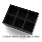 Black silicone ice tray with YOUR LOGO and EST date custom text compartments for branded ice cubes