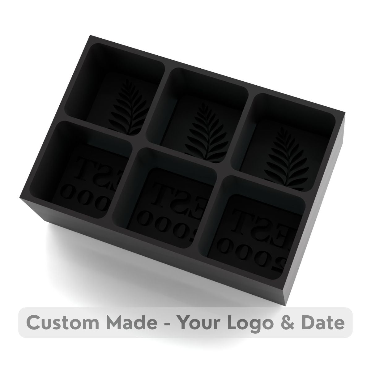 Black custom ice cube tray featuring botanical fern leaf pattern and EST 2000 text compartments for elegant personalized ice