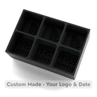 Black custom ice cube tray featuring botanical fern leaf pattern and EST 2000 text compartments for elegant personalized ice