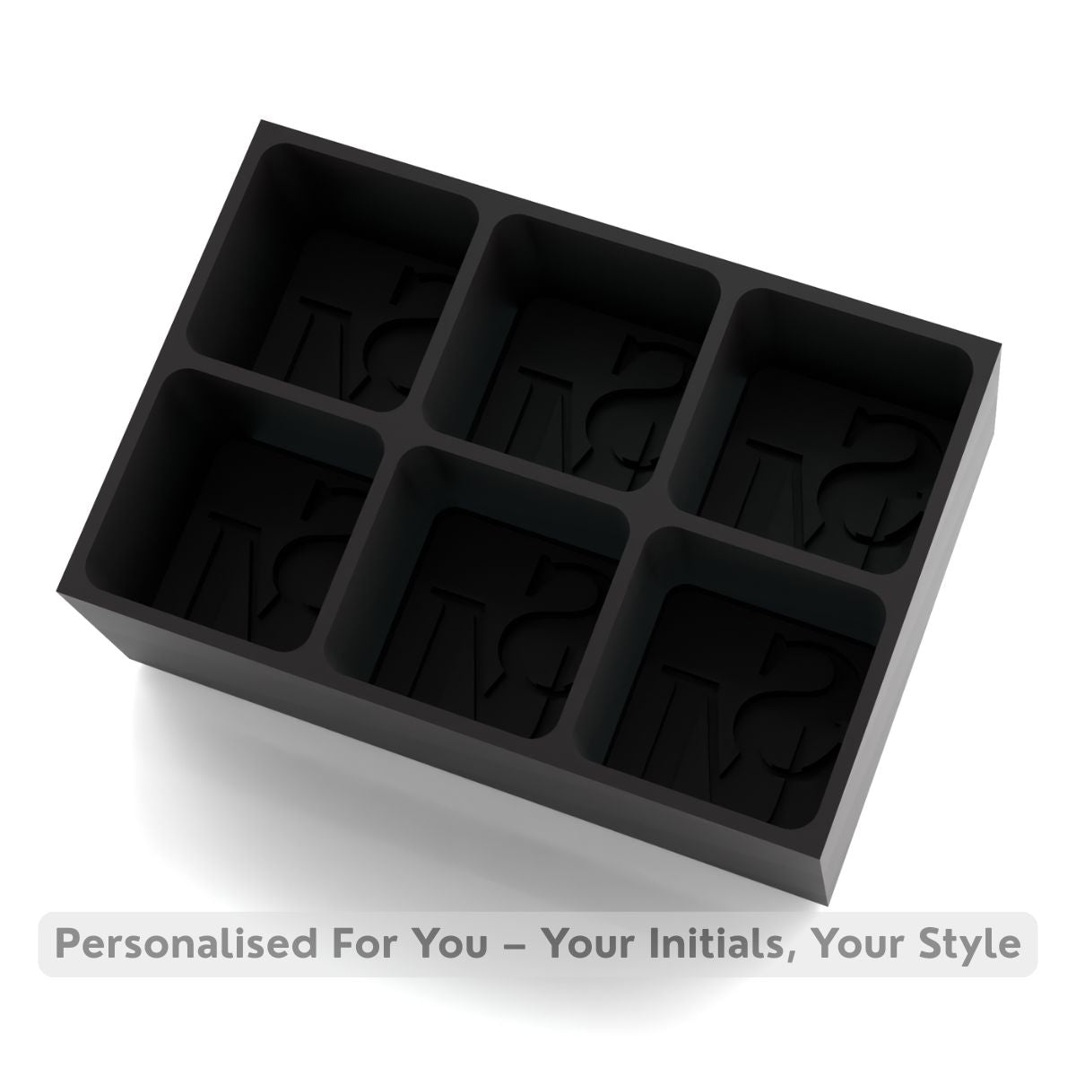 Matte black silicone ice tray mould with SM initials in each cube cavity, premium personalised bar accessory for stylish home bars and gifts.