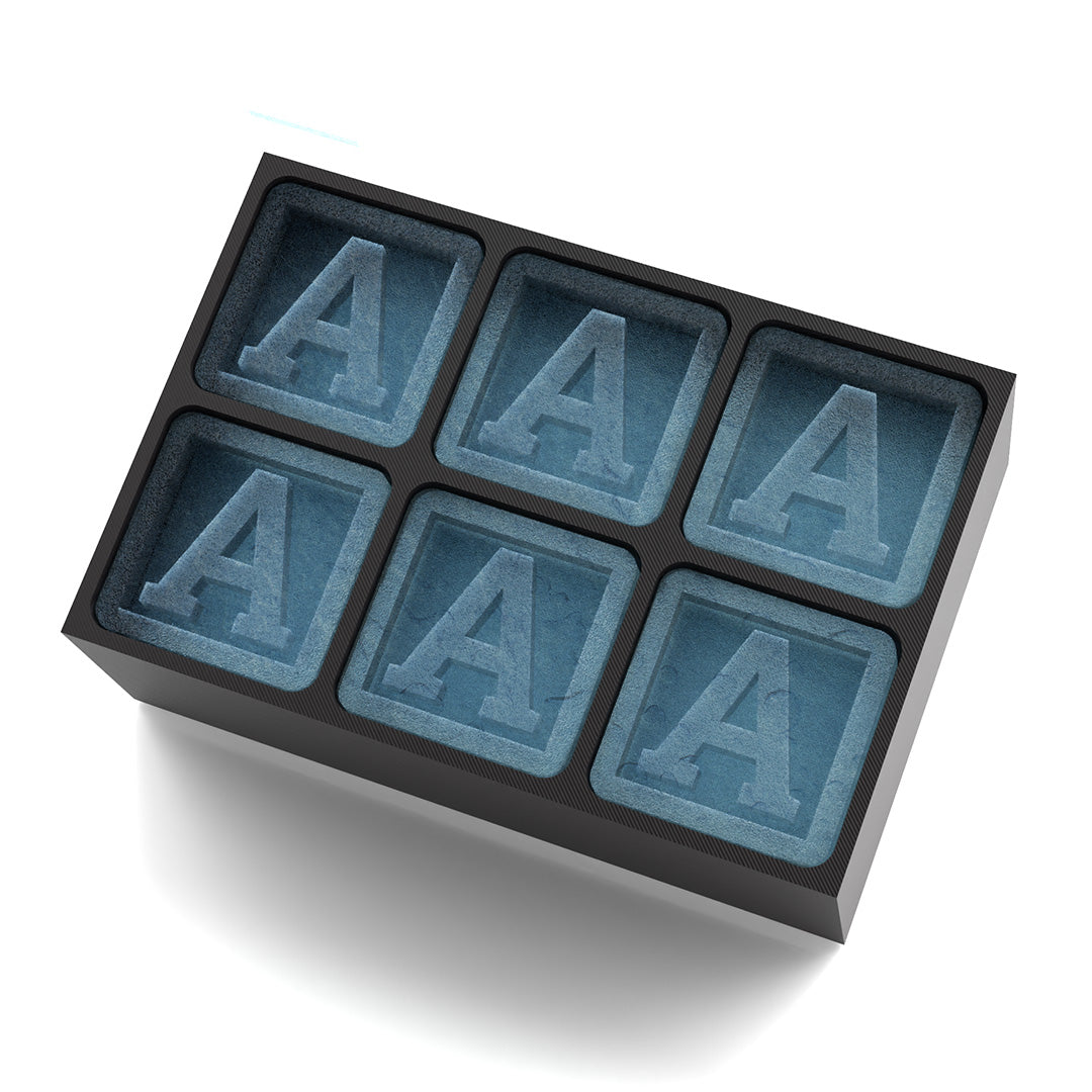 Black silicone ice cube tray featuring the letter A monogram in each cube – 6-cube personalised mould, perfect for birthday and gifting occasions