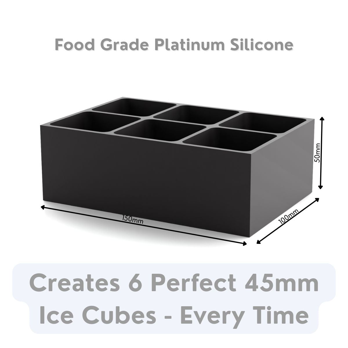 Black food-grade platinum silicone ice tray with six square cube cavities, designed for slow-melting cocktail ice.