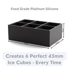Black food-grade platinum silicone ice tray with six square cube cavities, designed for slow-melting cocktail ice.