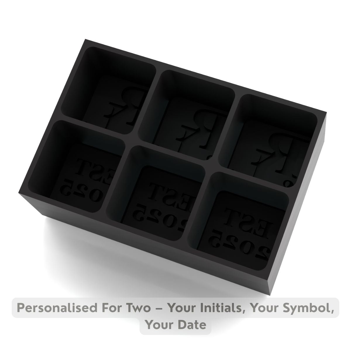 Elegant black personalised ice tray featuring R & L initials with EST 2025 date – premium wedding keepsake.