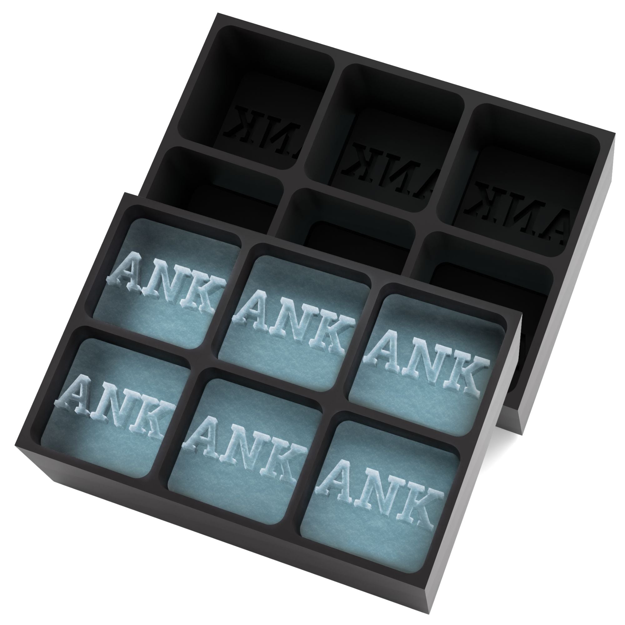 Sleek black ice tray producing ANK letter cubes — handmade, durable, and ideal for corporate gifts or special occasions.