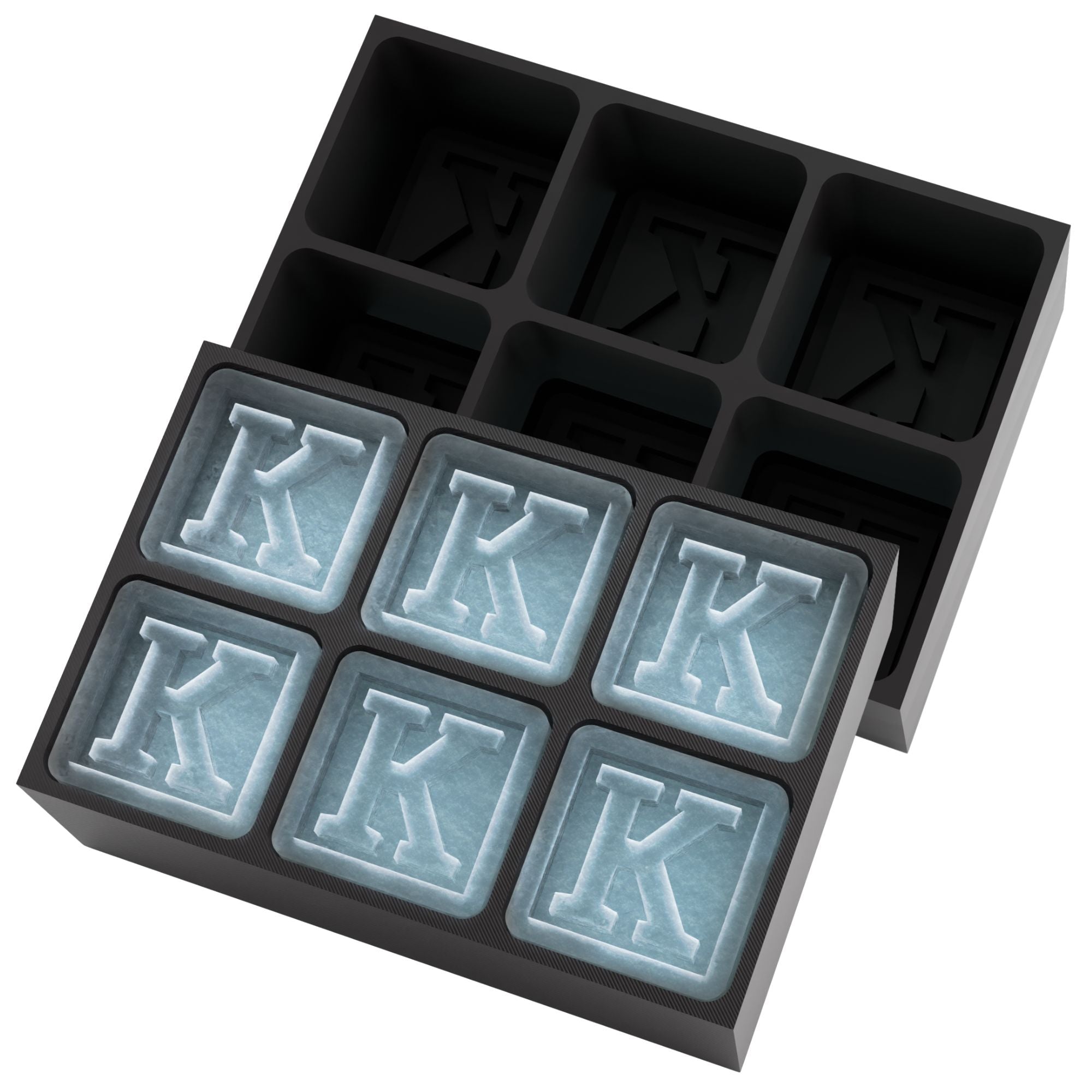 Sleek black custom ice tray forming letter K ice cubes — stylish personalised barware for gifting or branded events.