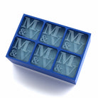 Striking blue silicone tray featuring six M & V monogram ice cubes – ideal for meaningful toasts, couple gifts, or wedding celebrations.