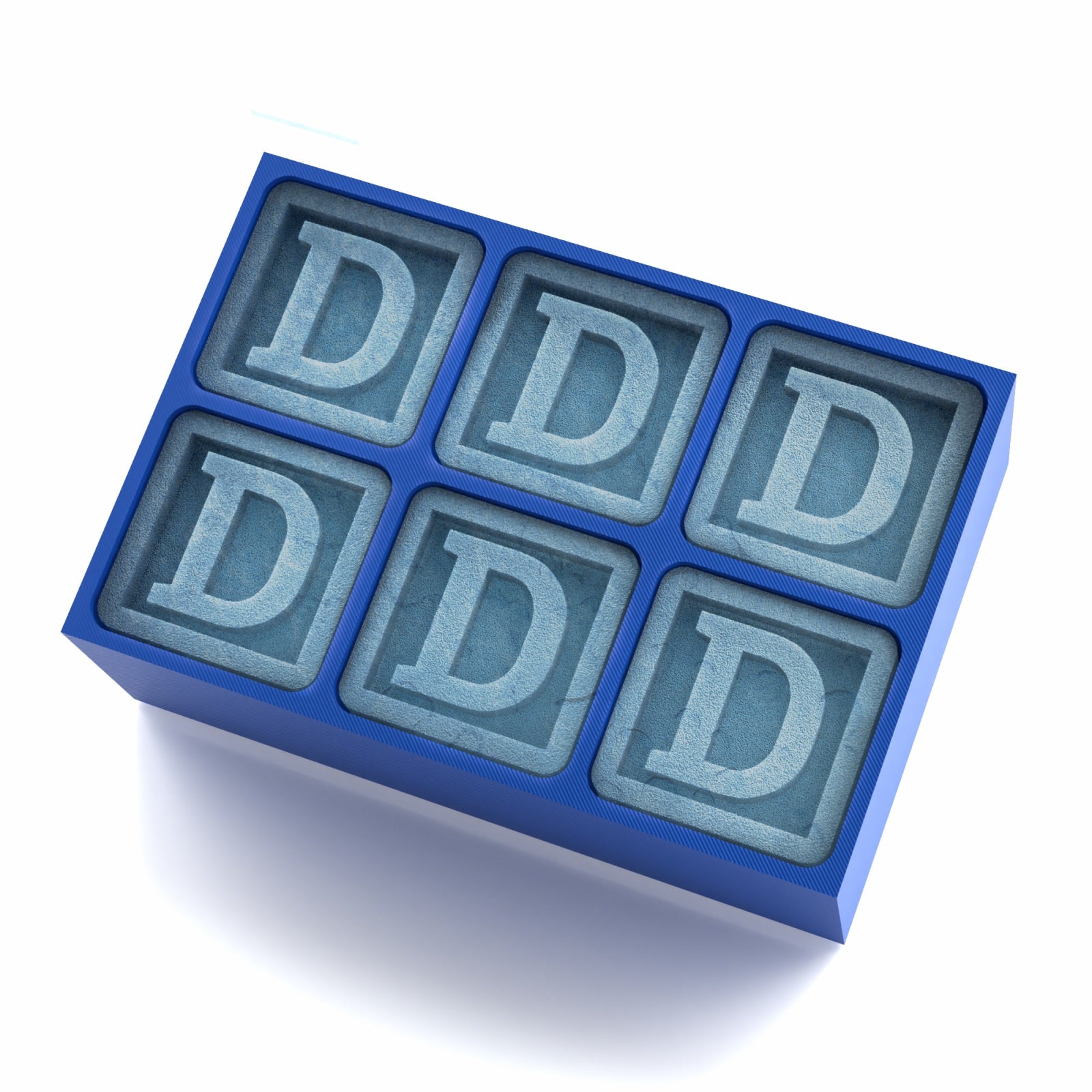 Blue custom silicone ice tray with raised D letters – perfect for personalised milestone gifting and cocktail nights