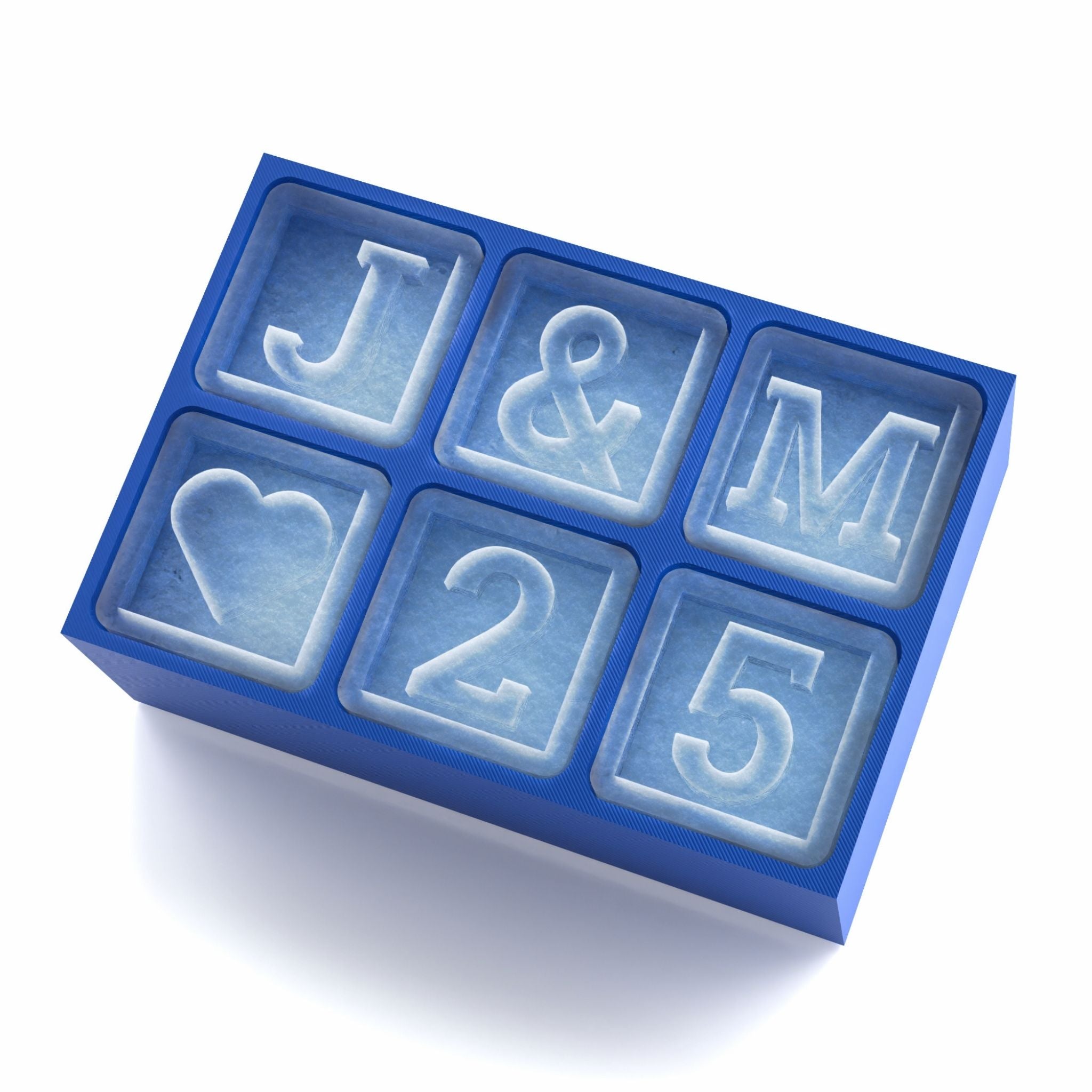 Blue silicone ice tray featuring J&M initials with heart and 25, perfect for weddings and anniversaries.