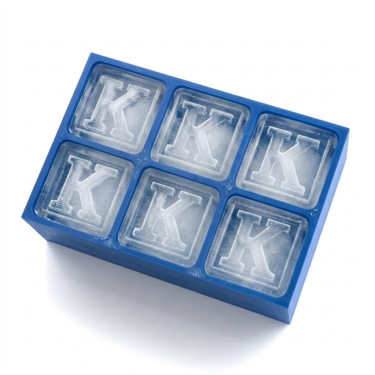 Deep blue silicone ice tray with K monogram cubes, ideal for milestone events, whisky nights, and memorable custom gifts.
