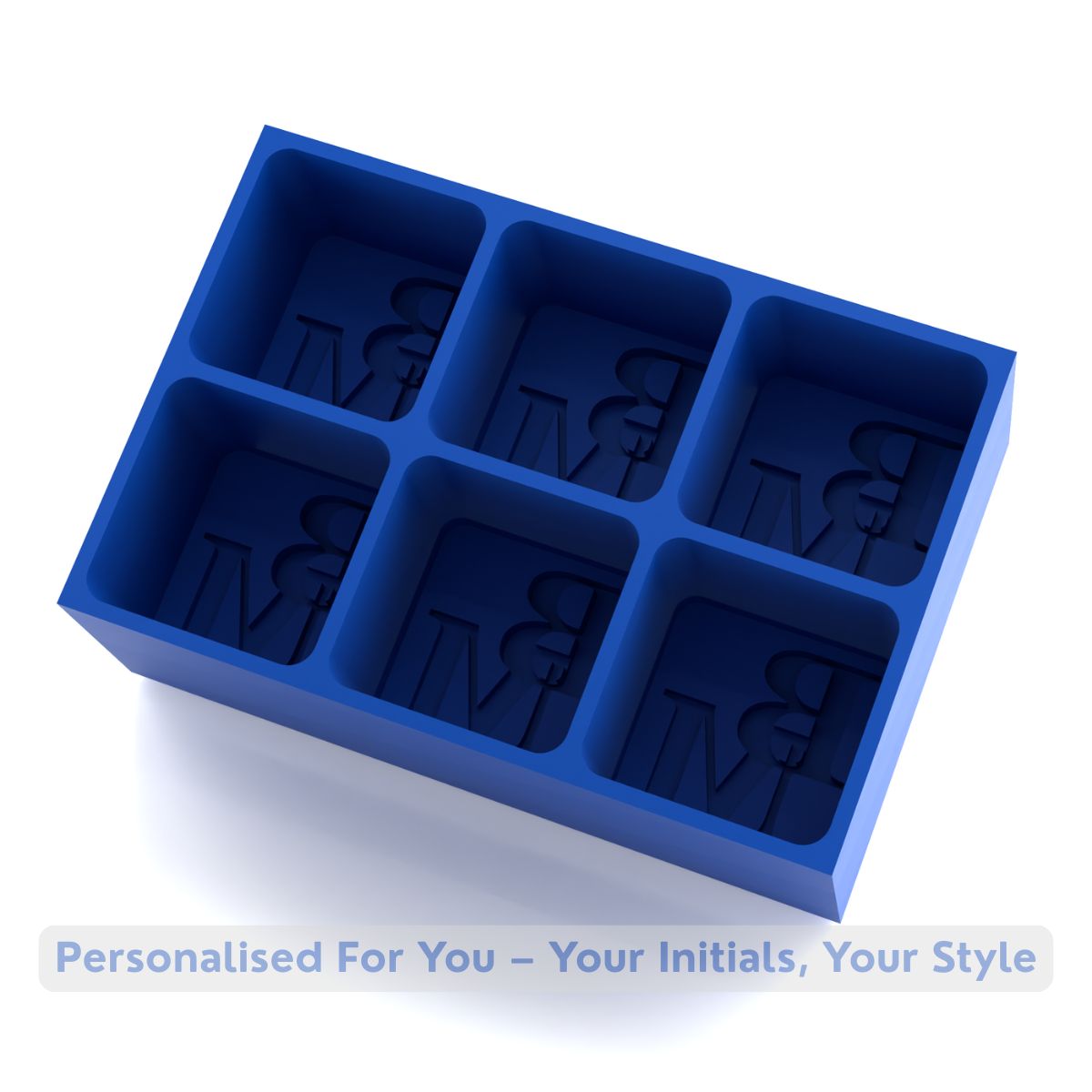 Royal-blue silicone ice tray mould featuring six large cube cavities embossed with BM initials, handmade in Australia for stylish personalised barware.