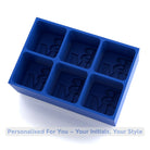 Royal-blue silicone ice tray mould featuring six large cube cavities embossed with BM initials, handmade in Australia for stylish personalised barware.