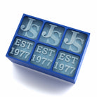 Bold blue custom ice cube tray featuring the initials JS and EST 1977 – a meaningful keepsake gift for birthdays, anniversaries or legacy moments.