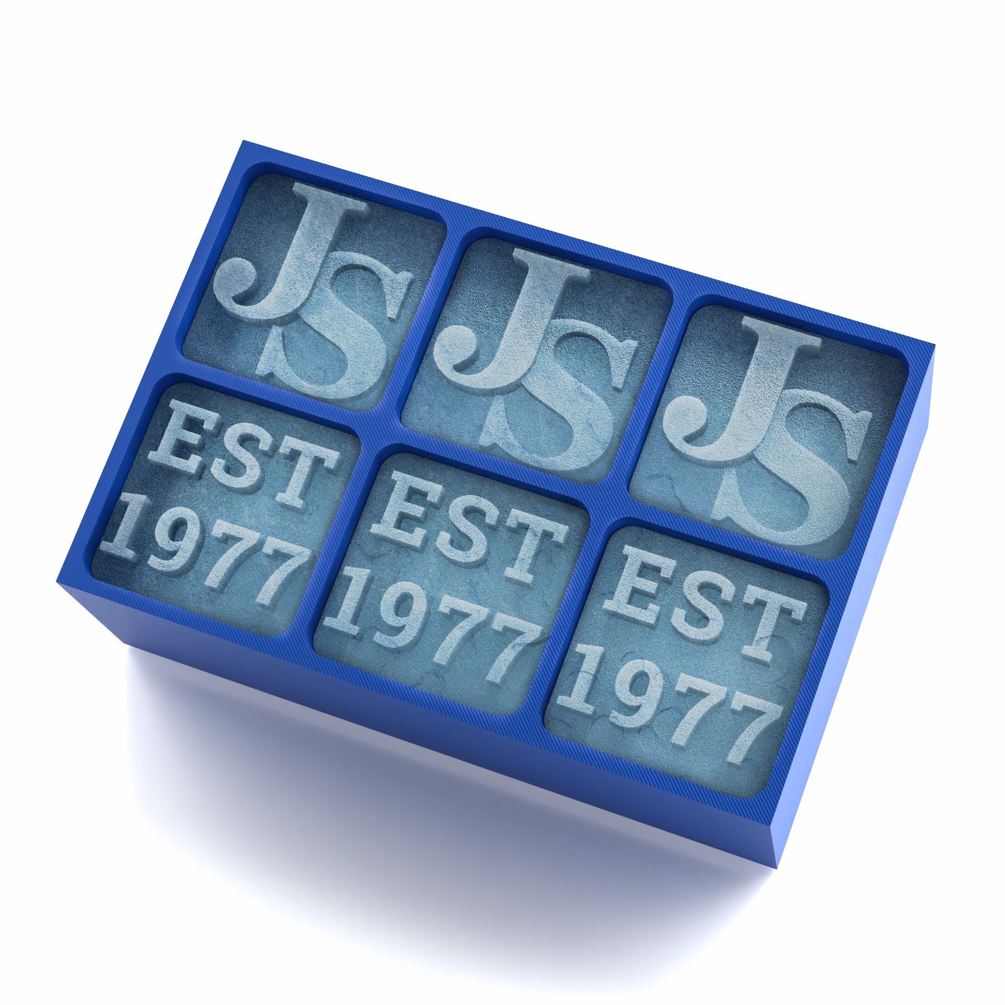Bold blue custom ice cube tray featuring the initials JS and EST 1977 – a meaningful keepsake gift for birthdays, anniversaries or legacy moments.