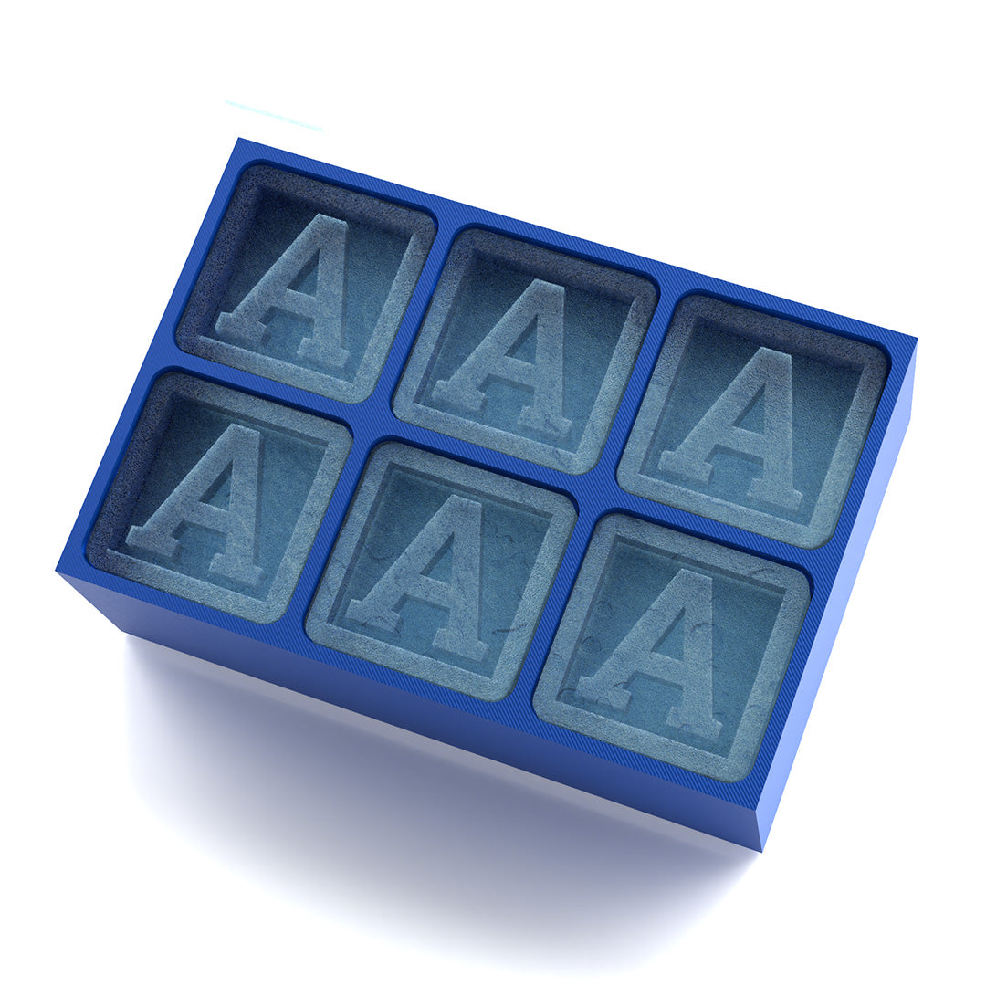 Blue silicone ice cube tray featuring the letter A monogram in each cube – 6-cube personalised mould, perfect for birthday and gifting occasions