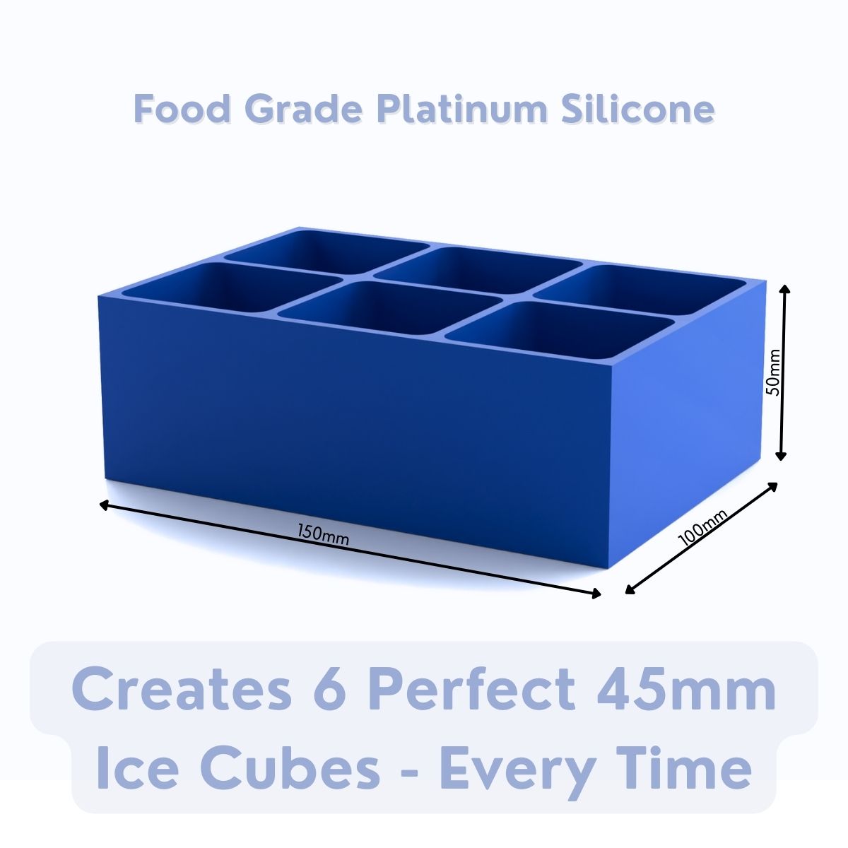 Royal blue platinum-silicone ice tray with six cavities, produces six perfect 45 mm ice cubes every time, food-grade and durable.
