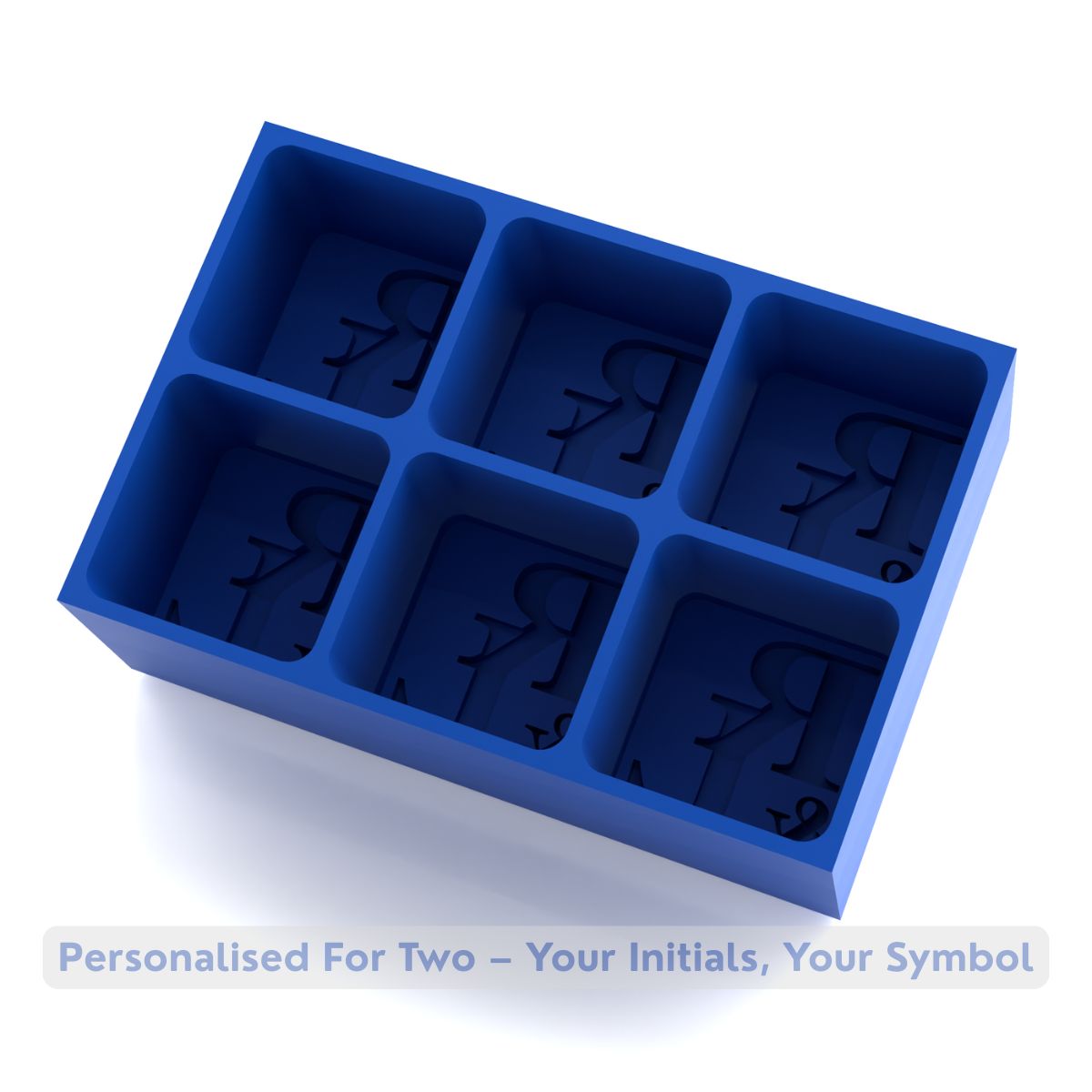 Empty royal-blue monogrammed ice cube tray with “Personalised For Two – Your Initials, Your Symbol” overlay, ideal Valentine’s or Christmas gift