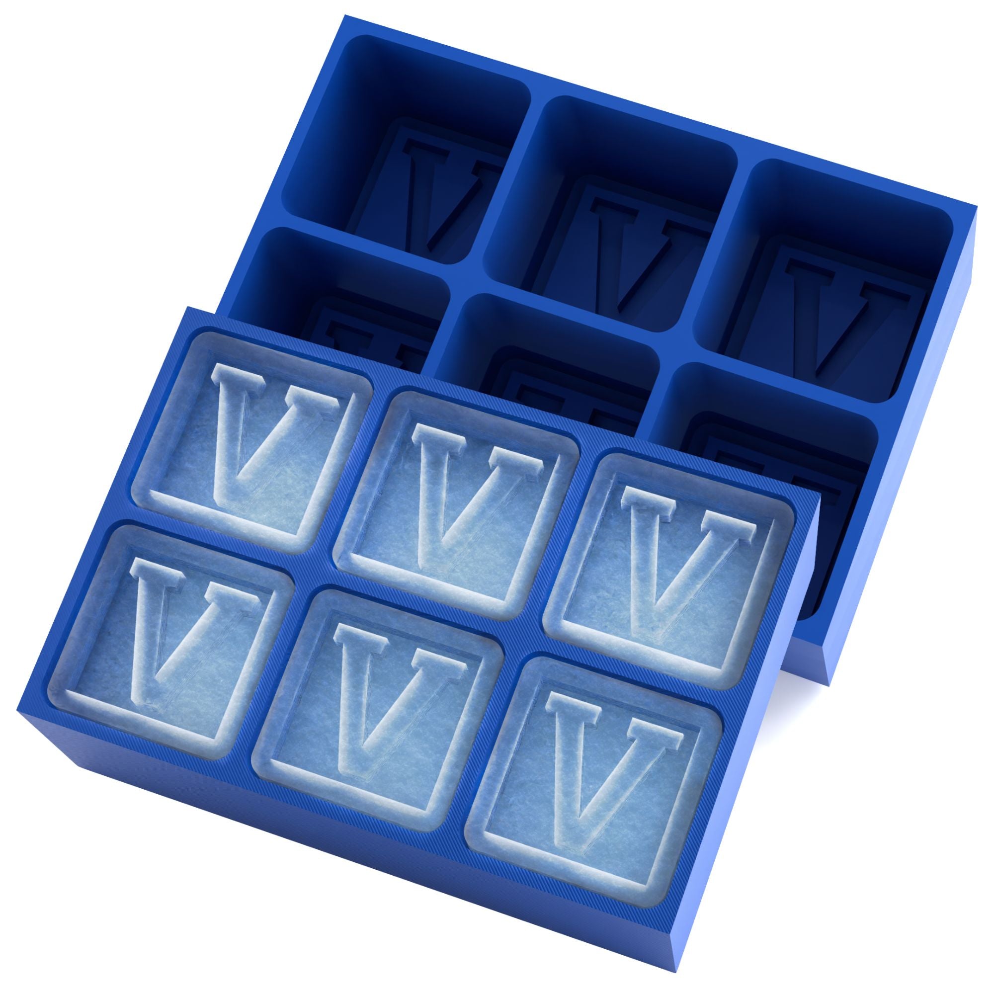 Royal-blue custom silicone ice tray creating letter V cubes — durable, handmade in Australia, ideal for birthdays and celebrations.