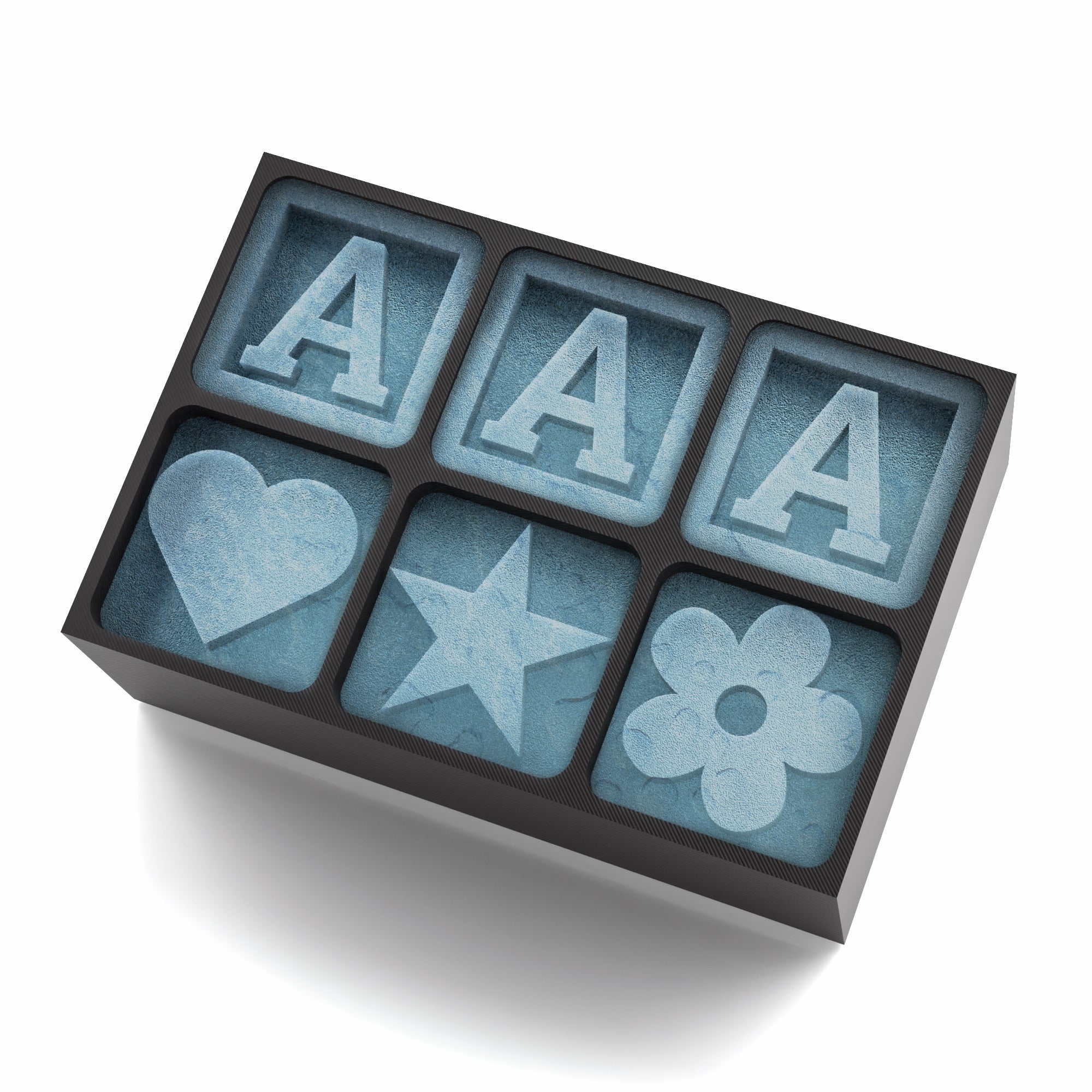 Custom black ice tray featuring three "A" initials and fun heart, star, and flower shapes – perfect for bold, personal gifting.