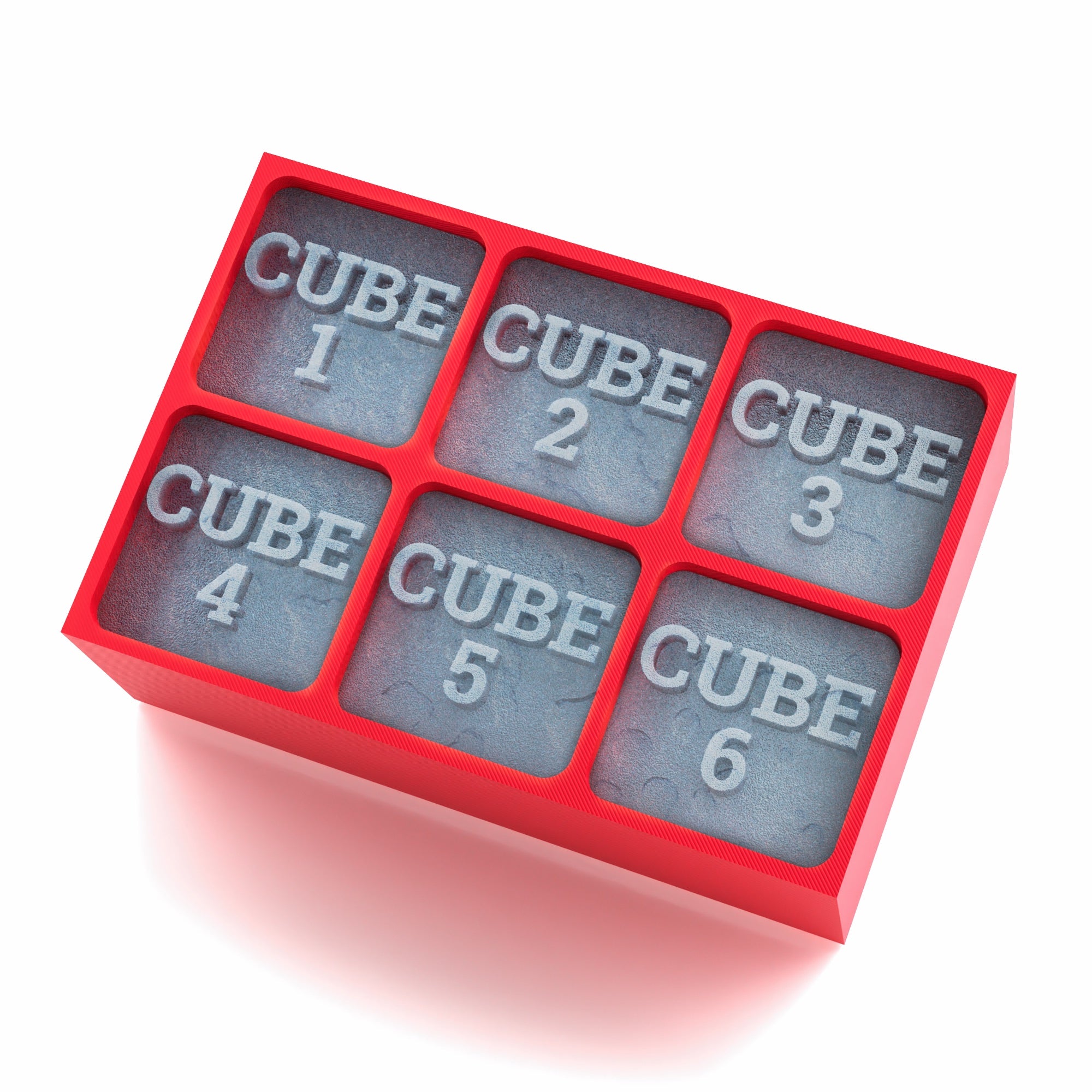 Red engraved ice tray made of silicone, showing CUBE 1 to CUBE 6 for personalisation examples.
