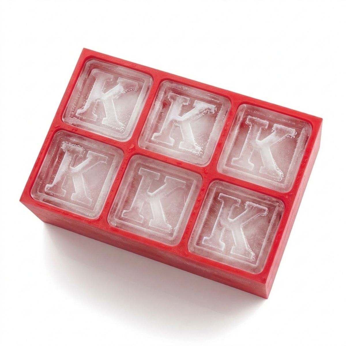 Eye-catching red ice tray with large K cubes, perfect for milestone birthdays, parties, and gifting a personalised cocktail experience.