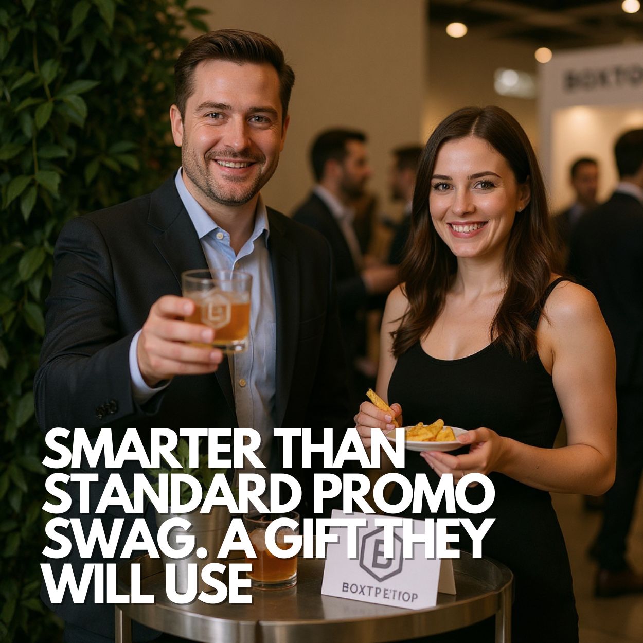 Two friendly hosts at a trade show welcome table smile to camera. A rocks glass shows a Boxtop Expo logo ice cube. Warm, inviting booth scene with overlay text that says “Smarter than standard promo swag. A gift they will use.”