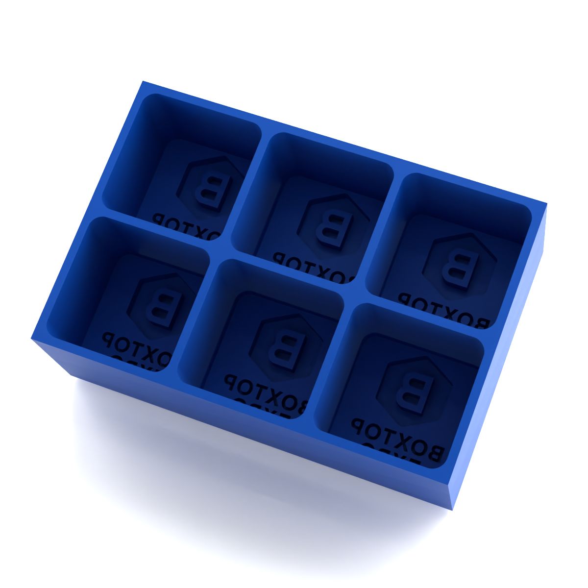 Overhead view of an empty royal blue six cube silicone ice tray with the Boxtop Expo hexagon B and wordmark embossed in each cavity for event branding.