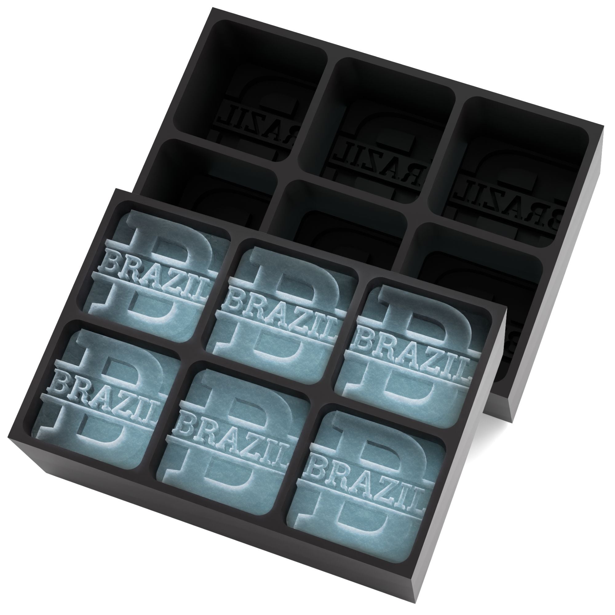 Black 6-cube tray with bold BRAZIL lettering and B logo frozen into square ice cubes — promotional logo mould handmade in Australia.