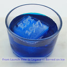 Blue drink with custom business anniversary ice cubes featuring EST date - corporate milestone celebration ice
