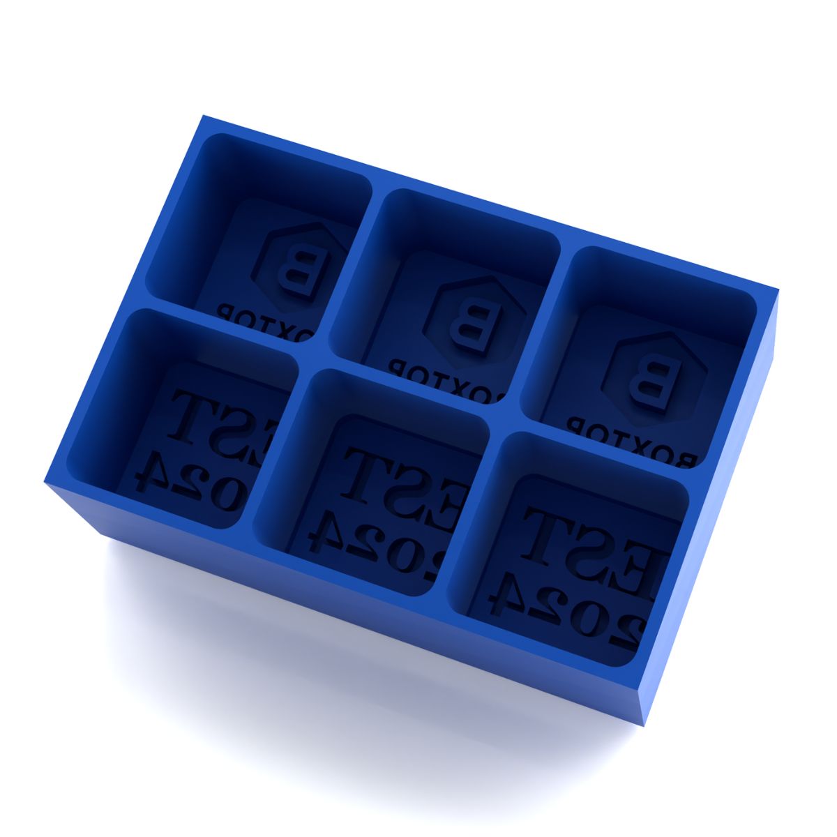 Empty blue silicone ice tray mold featuring corporate hexagonal B logo and BOXTOP EXPO business text with EST 2024 date compartments for branded company ice