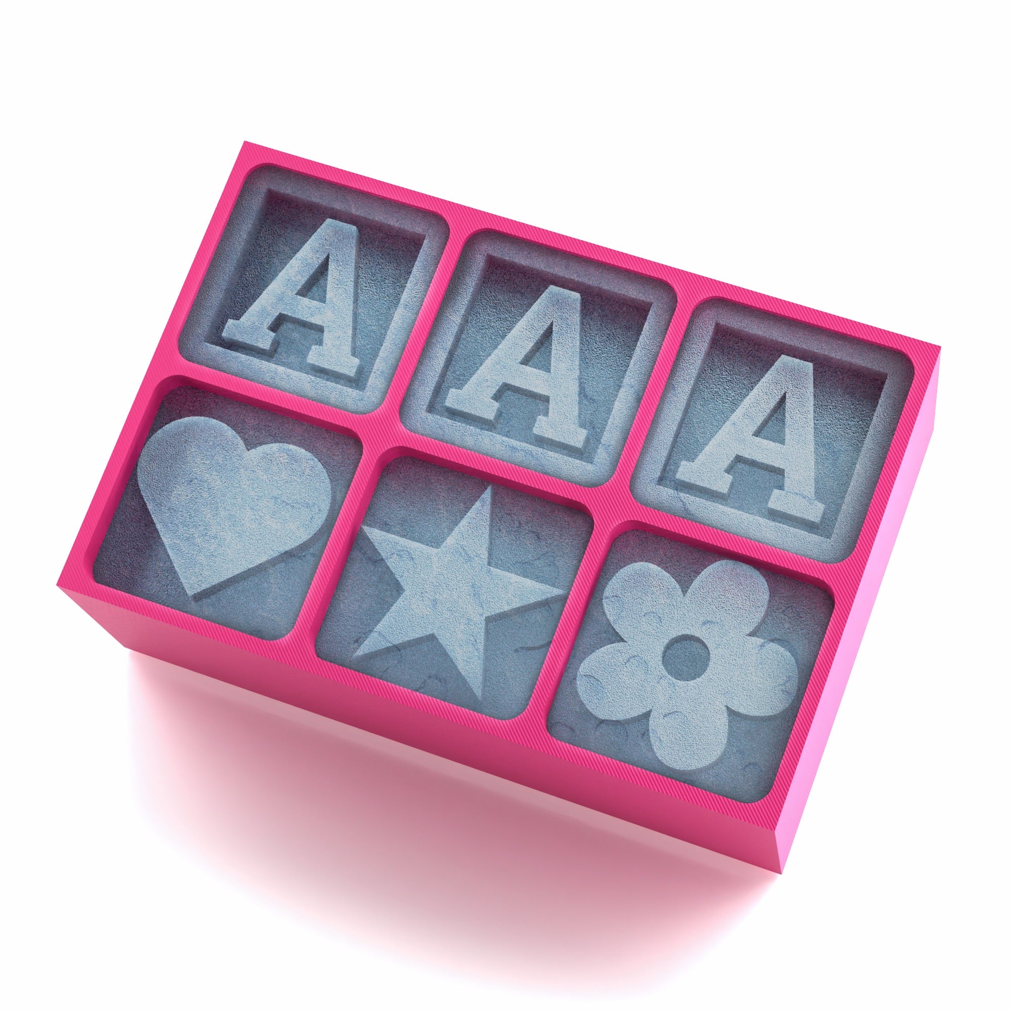 Pink engraved silicone tray with three large A letters and cheerful heart, star, and flower ice shapes – ideal for custom girl’s gifts or milestone birthdays.