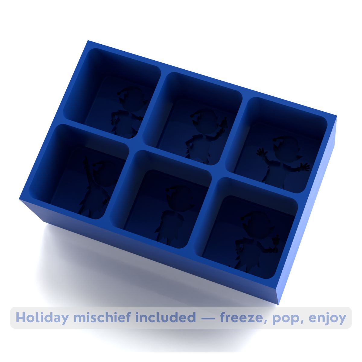 Blue Christmas elf ice tray displayed empty, featuring elf-shaped moulds, with festive message “Holiday mischief included — freeze, pop, enjoy.”