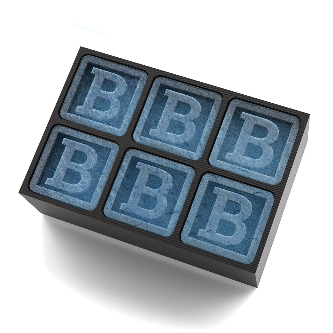Sleek black cube mould with raised “B” design – ideal for milestone parties or for whiskey lovers who enjoy a bold, tailored drink setup.