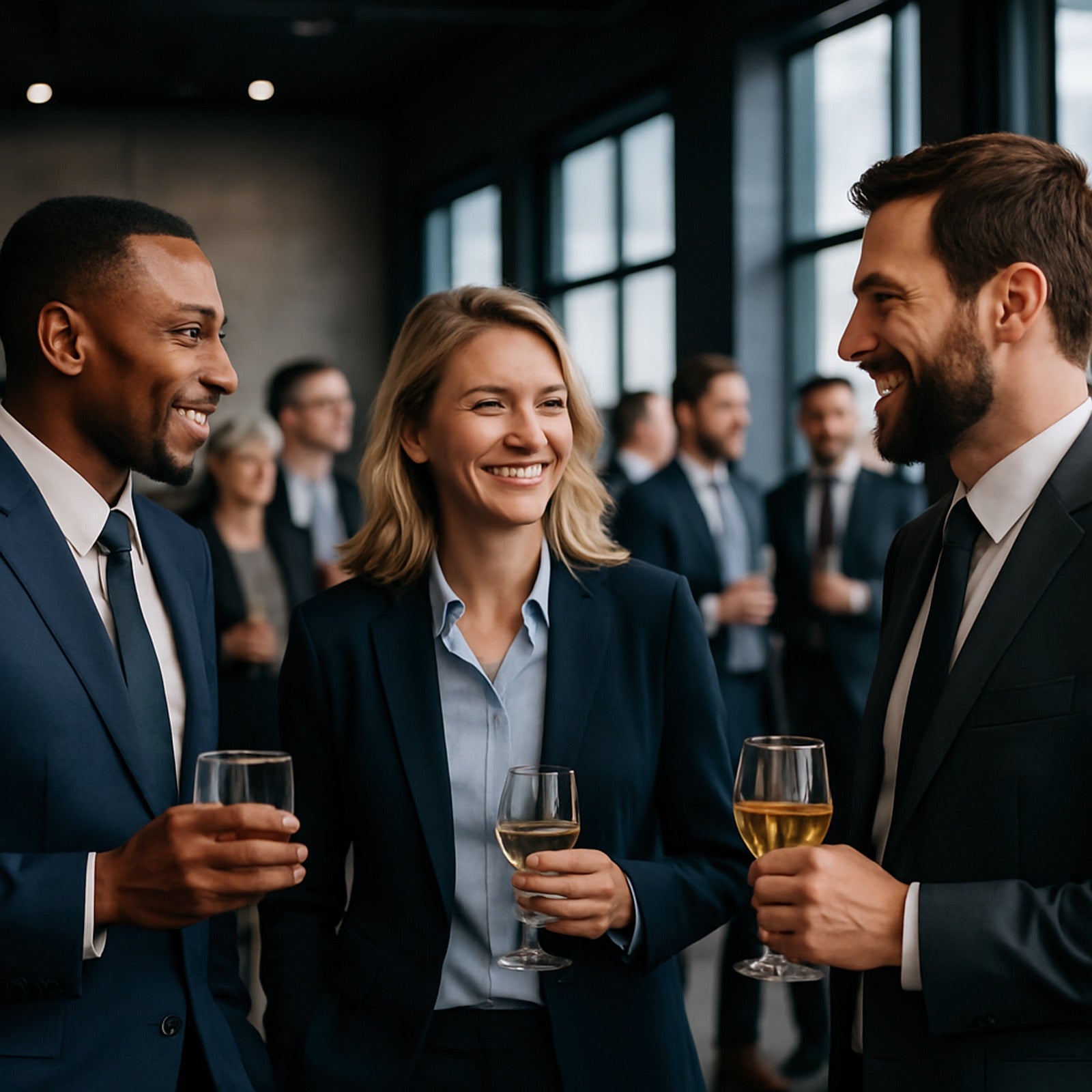 Three professionally dressed individuals at a corporate function, smiling and chatting while holding glasses of wine. The background shows other guests mingling in a modern indoor venue.